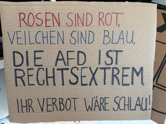 Ein Demonstrationsschild aus hellbrauner Pappe, darauf steht:

ROSEN SIND ROT,
VEILCHEN SIND BLAU,

DIE AFD IST
RECHTSEXTREM,

IHR VERBOT WÄRE SCHLAU!