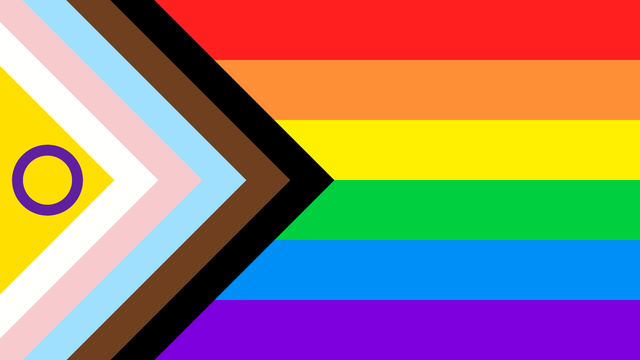 Pride flag with the intersex-inclusive yellow triangle and purple circle added.