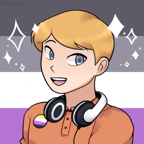 A picrew of a character with blonde hair, blue eyes, wearing headphones around their neck, and wearing a pin of the non-binary flag (yellow, white, purple, and black stripes). An asexual flag servers as the background (black, gray, white, and purple stripes), and has sparkles around them.