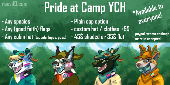a camp pride ych, at the bottom are 4 examples of different anthros smiling with an open mouth looking to the left, they have bandanas on and silly camp themed hats, some bandanas are pride flags, others just have pride pins, some have pride face paint