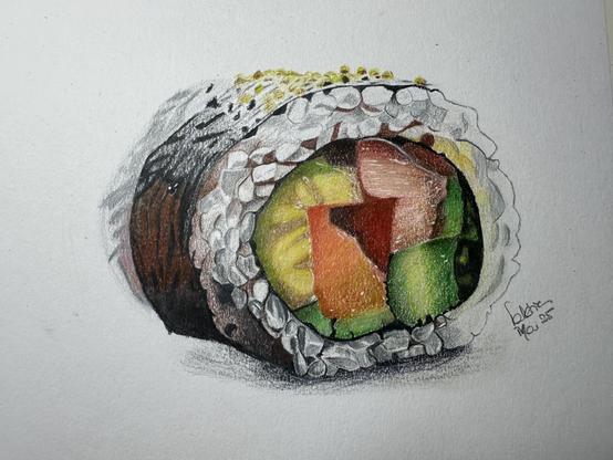 Dessin d’un sushi réalisé aux crayons de couleur