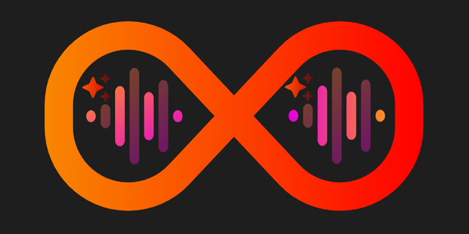 Schleife (wie eine liegende 8) mit Farbverlauf und innen liegend sind zwei Audio Balken die mit Sternen verziert sind. Es soll den magischen Double Ender symbolisieren.