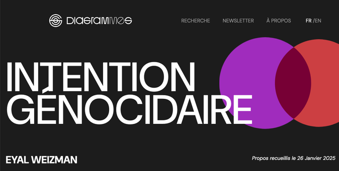 Couverture de l'entretien filmé avec Eyal Weizman (Forensic Architecture), "Intention génocidiaire"