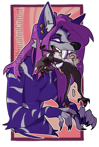Digital art of a purple furry character (Poojawa) ravaging a 'living' Yinglet (Velvet) plushie. Main character has very large and sharp teeth that pierce the belly of the plush character, ripping it right open.

Artwork by, CaffeinatedCultist