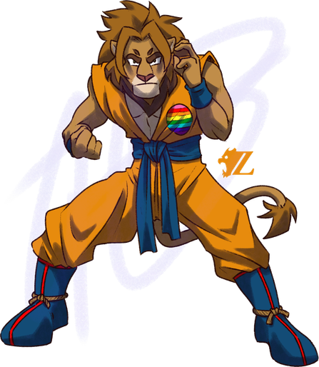 Ado, a male anthropomorphic lion, is dressed up like Goku from the "Dragonball" series. He is slender and lithe, wearing an orange gi with blue wristbands, belt, and boots. He has a circle on the left chest of the gi, with the eight-color rianbow Pride flag in it.