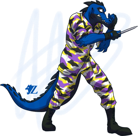 Lurk, a blue anthropomorphic alligator, stands ready with a knife in one hand, the other hand raised up to protect their face. They wear military fatigues in the colors of the nonbinary flag, the shirt rolled above his spiked elbows, and the pants tucked into a pair of combat boots.