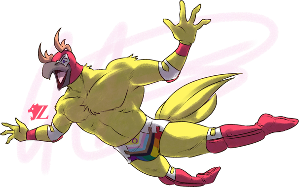 Roy, a yellow male anthropomorphic bird with antlers, leaps from up high, ready to body slam onto his opponent. He wears luchador gear, including a red and white mask leaving his antlers and beak exposed, as well as red and yellow elbow and knee pads, and red wristbands and boots. He wears a pair of wrestling trunks with white on the sides, and the Intersex-inclusive Progress Pride flag on the front.