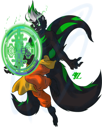 Raqsuh, a male anthropomorphic skunk with three tails, floats in the air with his arms stretched out as he casts a hex. His white hair is whisked upwards as green tinges on the tips, the white markings on his chest and tail already turned green, along with his eyes. In front of him is a personalized sigil, glowing in the colors of the Trans-inclusive Gay Male Pride flag.