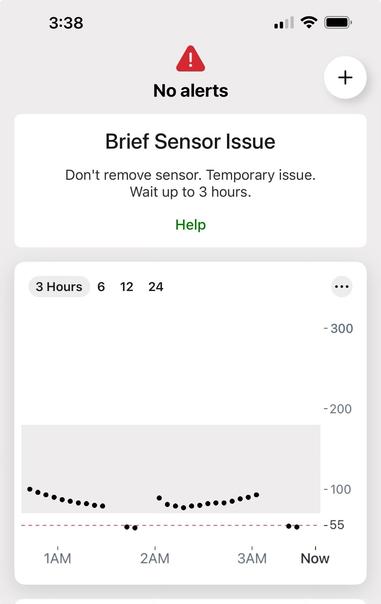 The image displays a smartphone notification indicating a "Brief Sensor Issue" with instructions to wait up to 3 hours and not to remove the sensor. Below, there is a graph showing sensor data over time, with timestamps from 1 AM to 3