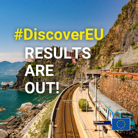 A scenic coastal train station in Manarola, Italy, with a turquoise train stopped on the track beside steep cliffs and the sea. Bold text over the image reads "#DiscoverEU RESULTS ARE OUT!" with an EU flag in the bottom right corner.