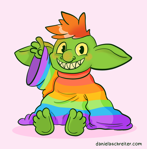 Comic Illustration: a green goblin with red punky hair. They is is sitting on the ground and wearing an oversized sweater in rainbow colors. They is smiling and waving their hand.
