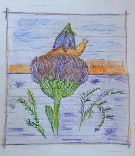 Buntstift Zeichnung mit schmalem Rahmen aus Freihandlinien. Fast mittig ein große Distel auf der eine kleine Orange Schnecke. Auf dem Rücken die Blüte einer lila Glockenblume. Sie schaut rechts hinten in die orange Sonne am Horizont. Leicht helblauer Himmel und lila Hintergrund unten. Links und rechts vom Distelstengel ein paar zarte Stengel mit vielen kleinen Blättchen.