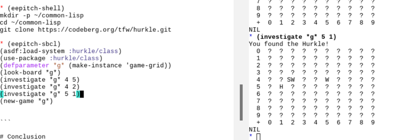 A screenshot of the devlog link in the toot being written on the left, and a field of questionmarks and compas directions like  SW ? ?  W on the right. The player found the hurkle! They are informed.