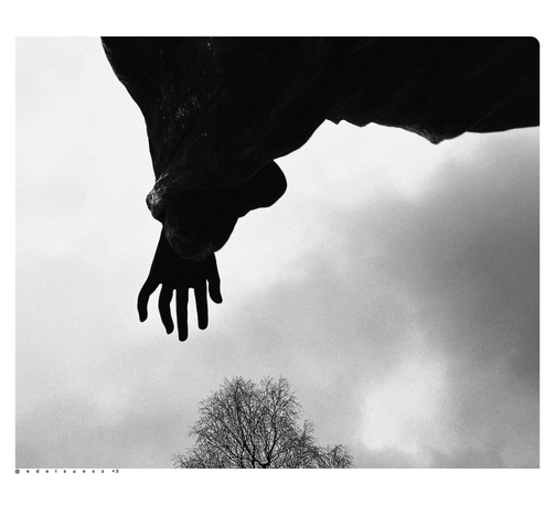 Schwarzweißfotografie: Steinstatue von schräg unten fotografiert, es sind nur die dunklen Umrisse erkennbar, im Vordergrund der Arm mit geöffneter Hand und allen fünf Fingern, hellgrau bis grau bewölkter Himmel, unterhalb die Baumkrone eines noch fast blattlosen Baumes