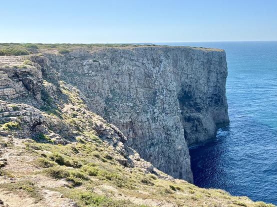 A rugged cliff edge overlooking a calm blue sea, with clear skies above and greenery along the cliffside.
