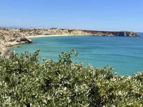 A coastal view featuring clear turquoise waters, a sandy beach, and rocky cliffs under a blue sky. Green foliage in the foreground adds a natural touch to the scene.