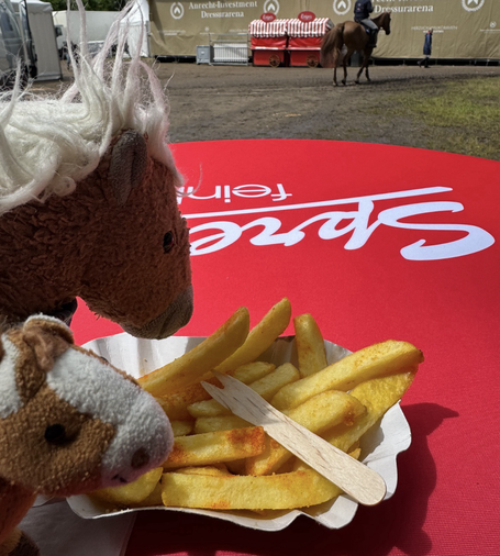 2 kleine Plüschponys an einer Schale mit Pommes auf einem Stehtisch. Im Hintergrund ein Pferd mit Reiter