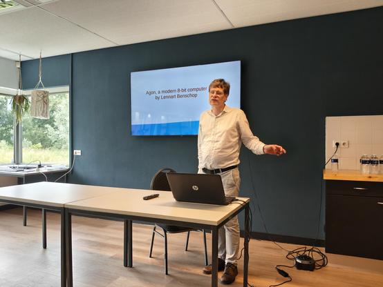 Lennart Benschop presenting his talk "Agon, a modern 8-bit computer"