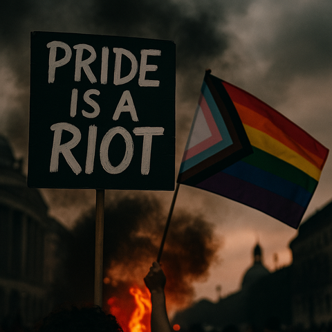 Eine Person hält bei einer düsteren Protestszene ein Schild mit der Aufschrift „PRIDE IS A RIOT“ in die Luft. Daneben weht eine Progress-Pride-Flagge im Wind. Im Hintergrund steigen Rauchschwaden auf, die Umgebung wirkt angespannt und aufgewühlt. Das Bild vermittelt Wut, Widerstand und den politischen Ursprung von Pride.