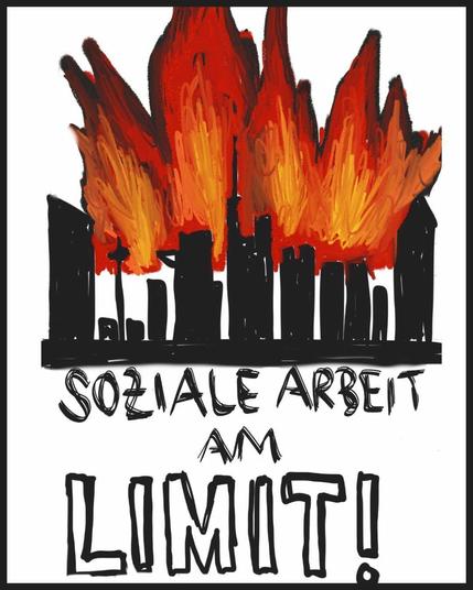 Das Bild scheint eine Zeichnung mit Filzstiften zu sein. Gezeichnet ist eine Skyline in Flammen und darunter steht "Soziale Arbeit am Limit!".
