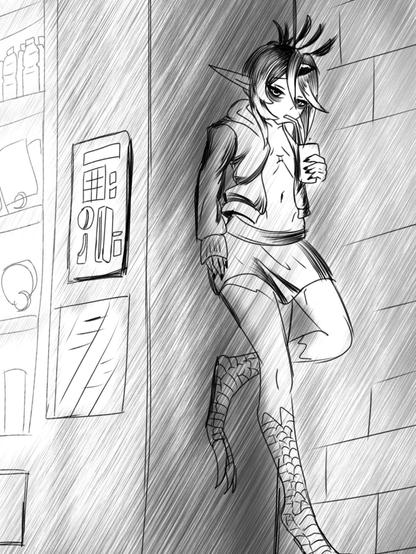 Sketch of a girl with heavy eyebags and elf ears leaning on the side of a vending machine sipping a drink box with a straw.