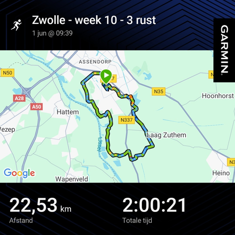 kaartje uit de Garmin app met daarop de gelopen route. 22,53 km in 2 uur en 21 seconden