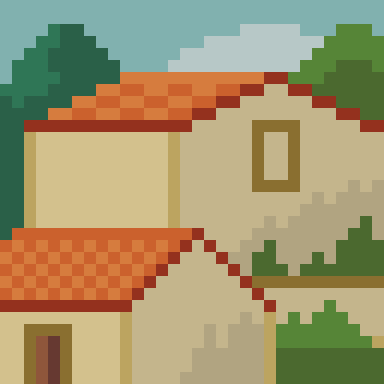 Ilustración pixelada de dos edificios, uno más grande con un marco de ventana vacío y justo delante otro más pequeño con una ventana o puerta abierta, rodeados de árboles y plantas.