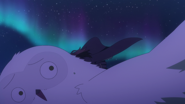 A startled giant owl noticing its rider has fainted