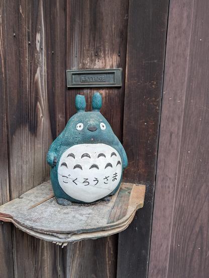 Totoro!
A friendly bear-like being with a turquoise body and white belly.
It is standing on a stone shelf in front of a dark brown wooden wall. Above its head is a mail slot.
