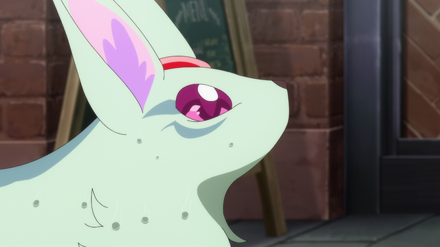 A frightened carbuncle with sweat on its fur