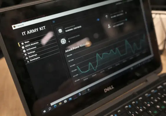 A laptop screen displays the IT Army of Ukraine’s webpage in Kyiv, Ukraine, in Feb 2024 — a volunteer hacker group formed after Russia’s invasion, now playing a growing role in digital warfare