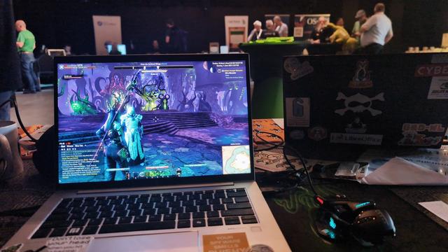 Screenshot of The Elder Scrolls Online running on a Linux laptop at T-DOSE