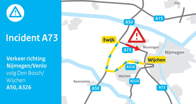 Incident op de A73. Verkeer richting Nijmegen/Venlo volg Den Bosch/Wijchen via de A50 en A326.