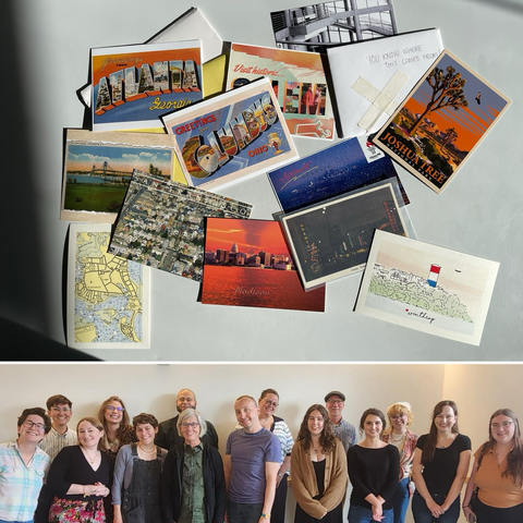 Two photos merged into one. On the top are postcards from around the country. Columbus, Ohio to from Atlanta. There’s one from Joshua tree Salem, Oregon, Winthrop, Massachusetts, Madison, Wisconsin, San Francisco, Omaha, Salem, Massachusetts, and a few others below that photo is a a group photo of my former colleagues, all librarians who have either moved onto great libraries, or in the midst of moving on