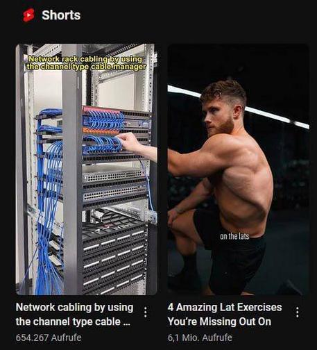 Screenshot of two YouTube shorts next to each other. On the left there is a server rack and a hand connecting the cables. On the right there is a man showing lat exercises. His hand perfectly matches the hand on the left image.