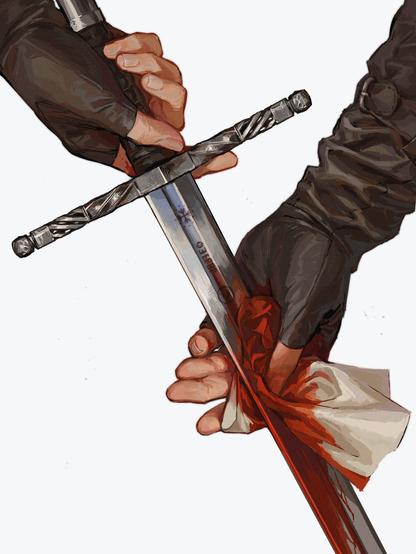 This is an art piece of Geralt's gloved hands. He is holding his sword, cleaning the blood from it with a cloth.