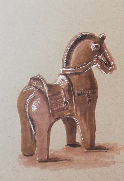 Sepia toned drawing of a small glazed terracotta horse.
