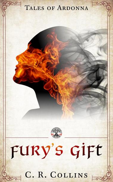 Book Cover from top to bottom: Series name – Tales of Ardonna. Image of the silhouette of woman’s head, neck, and partial shoulder the color of a black mountain erupting in flames from nose, mouth to back of head with streams of smoke in back. Little line with tree icon showing both branches and root in a circle. Title – Fury’s Gift Author – C. R. Collins