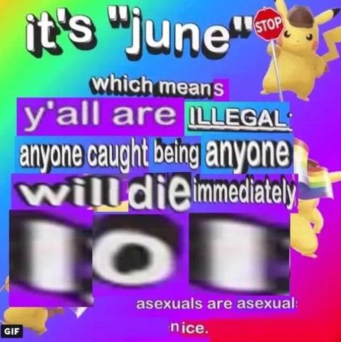 It's «june»
which means y'all are ILLEGAL
anyone caught being anyone will die immediately 
LOL
asexuals are asexual
nice.