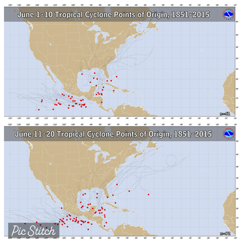 Historical June storm formation points (red dots) on map showing most Atlantic systems in June form in w Caribbean, Gulf or off US East coast. Top half of image first 10 days of June. Second lower half of image is 10-20 days of June.