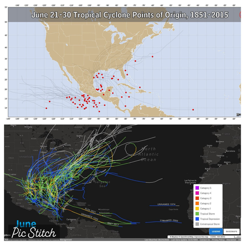 Top half of image shows red dots where tropical systems have formed previously in Western Caribbean, Gulf and East US coast last 10 days of June. Bottom half image shows historical tracks of tropical systems for month of June.