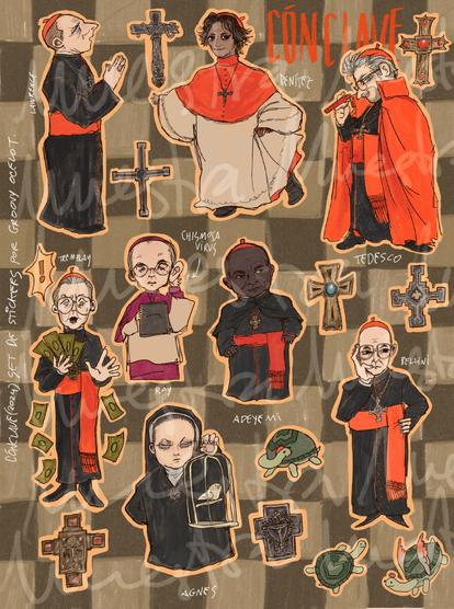Sticker sheet illustration of conclave movie, it features the characters Lawrence, Benítez, Tedesco, Tremblay, Ray, Adeyemi, Agnes and Bellini, around them are drawings of eqch on of their crosses and 3 little turtles to fill the page.