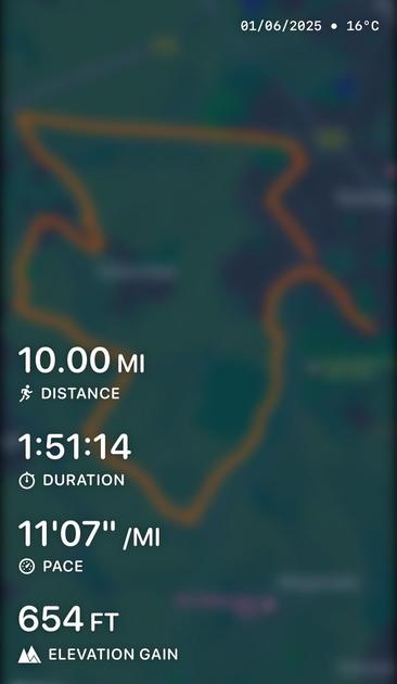 01/06/2025 • 16°C
10.00 MI
I DISTANCE
1:51:14
O DURATION
11'07"/MI
PACE
654 FT
A4 ELEVATION GAIN