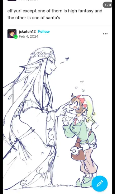 Sketch of a tall fantasy elf lovingly touching the nose of a short, cute Santa's elf. Text: elf yuri except one of them is high fantasy and the other is one of santa's.