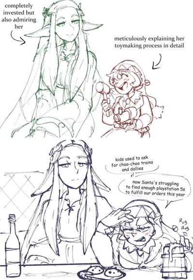 Upper panel: An elf smiling and looking to the right, next to an elf excitedly holding tools and a toy train. Text bubbles say: "completely invested but also admiring her", "meticulously explaining her toymaking process in detail". Lower panel: An elf looking bored at a table with drinks, next to an elf stressed out. Text bubbles say: "kids used to ask for choo-choo trains and dollies", "now Santa's struggling to find enough playstation 5s to fulfill our orders this year".