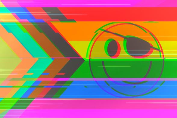 A glitched progress pride flag with a smiley face wearing an eyepatch.