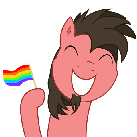 Vector illustration of OC Ace Play grinning happily and holding a rainbow flag with his hoof