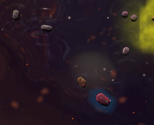 🕶️ A view (@ v. PU 05/31/25) of the distortion effect, with ripples surrounding microbes as they move throughout the world. 

📚️ Thrive is a libre, multi-platform, single-player / multi-player (local/online, competitive) game of great ambition, taking as its theme the evolution of species from the microbe stage to the space age and beyond. The game is divided into 7 stages: Microbe, Multicellular, Aware, Awakening, Society, Industrial and Space. Through each of them, the player will guide his creature towards intelligence, sensitivity and the stars. The project has set itself 2 major objectives: to create a captivating and fascinating game that respects the players' intelligence, and to stick as closely as possible to known scientific theories.