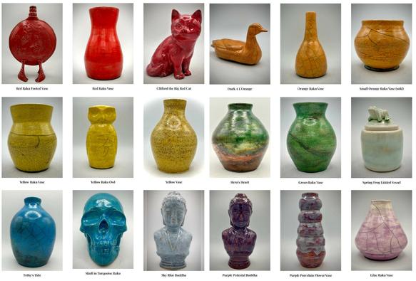 A collection of Alchemy's pottery in a rainbow banner