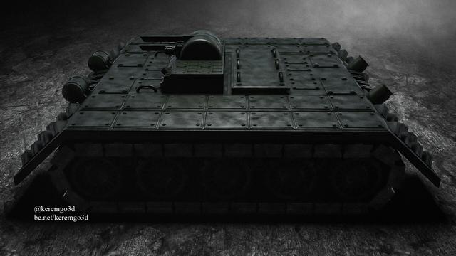 side view of 3d model of a stylized concept panzer type of heavily armored vehicle